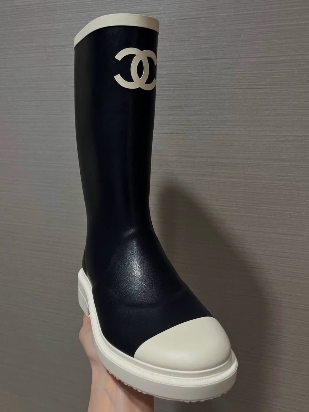 CHANEL Black and White Over-the-Knee Logo Boot